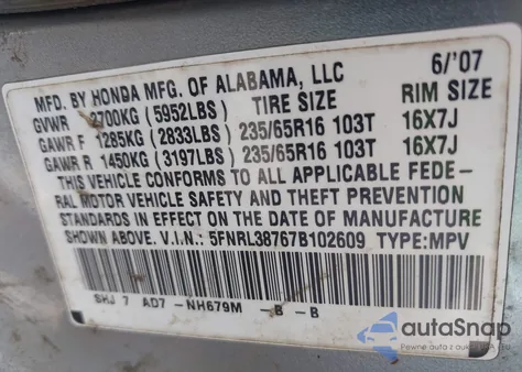 2007 Honda Odyssey Exl z USA, uszkodzony, nr VIN 5FNRL38767B102609